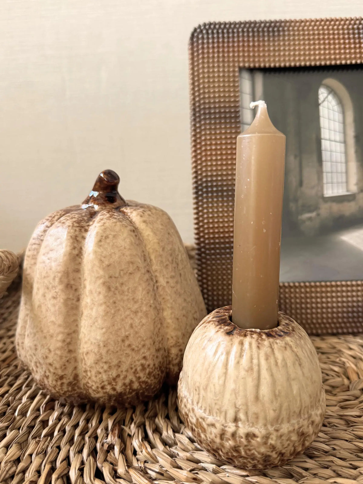 Aardewerk herfstdecoratie beige set van 2