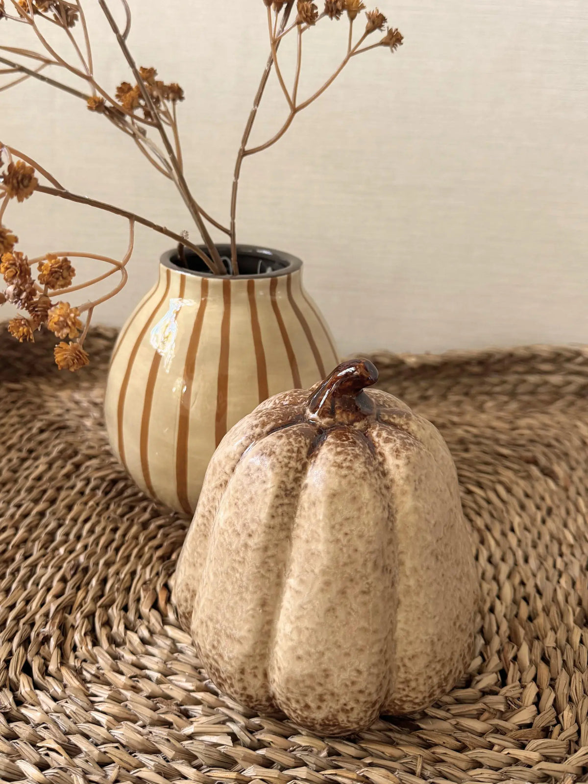 Aardewerk herfstdecoratie beige set van 2