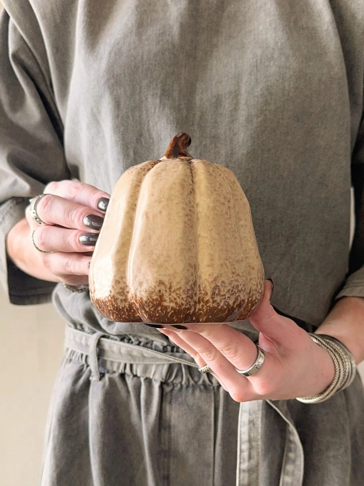 Aardewerk herfstdecoratie beige set van 2